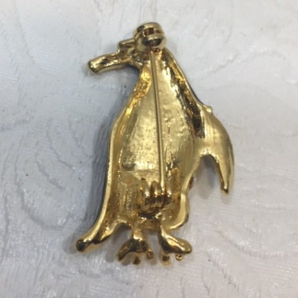 VTG Penguin Enamel Rhinestones Black & Gold Sparkly Brooch Pin 1.5" - Picture 4 of 8